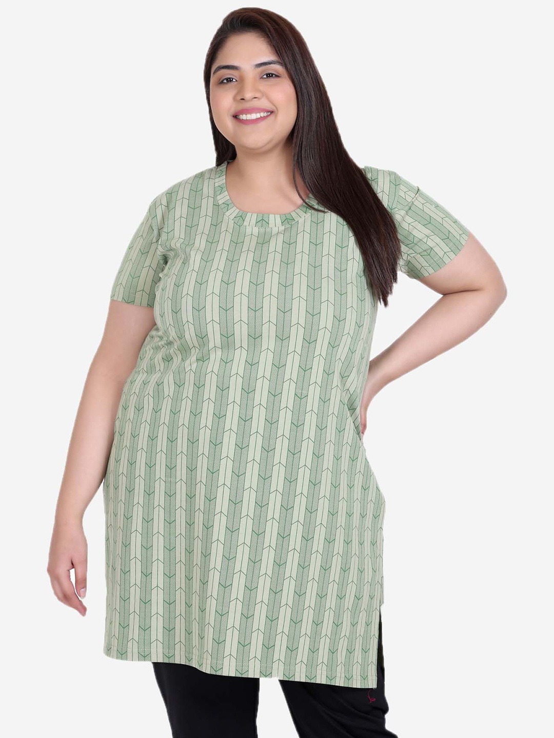 

IN Love Printed Cotton Longline Lounge T-Shirts, Green