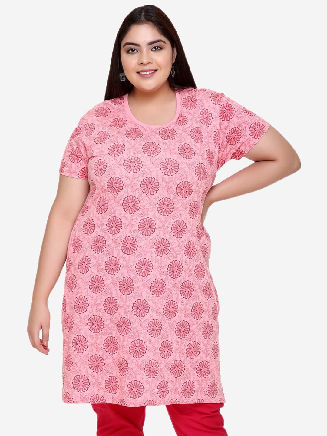 

IN Love Printed Cotton Longline Lounge T-Shirts, Pink