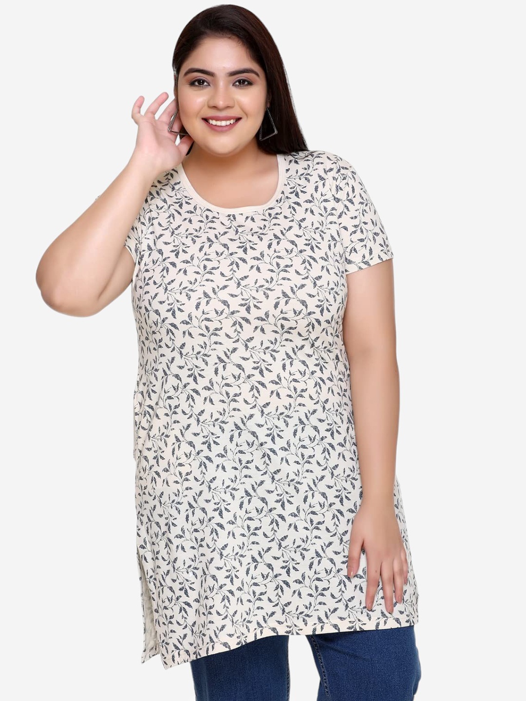 

IN Love Plus Size Printed Cotton Longline Lounge T-Shirt, Cream