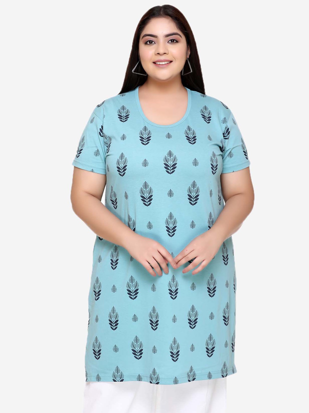 

IN Love Printed Cotton Longline Lounge T-Shirts, Blue