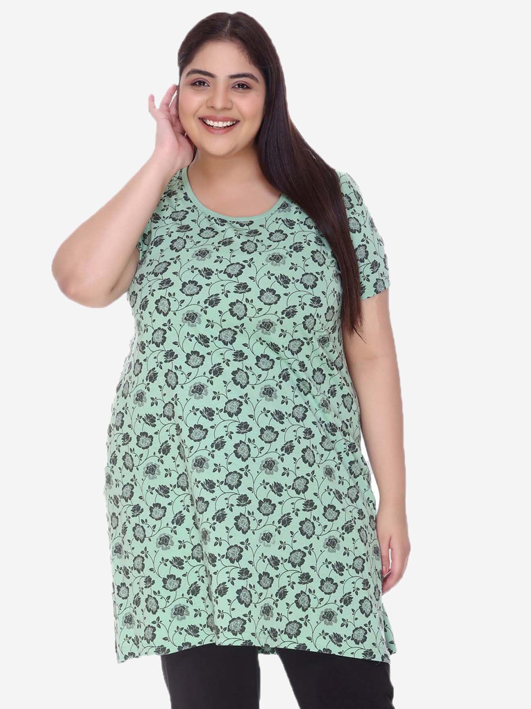 

IN Love Floral Printed Cotton Longline Lounge T-Shirts, Green