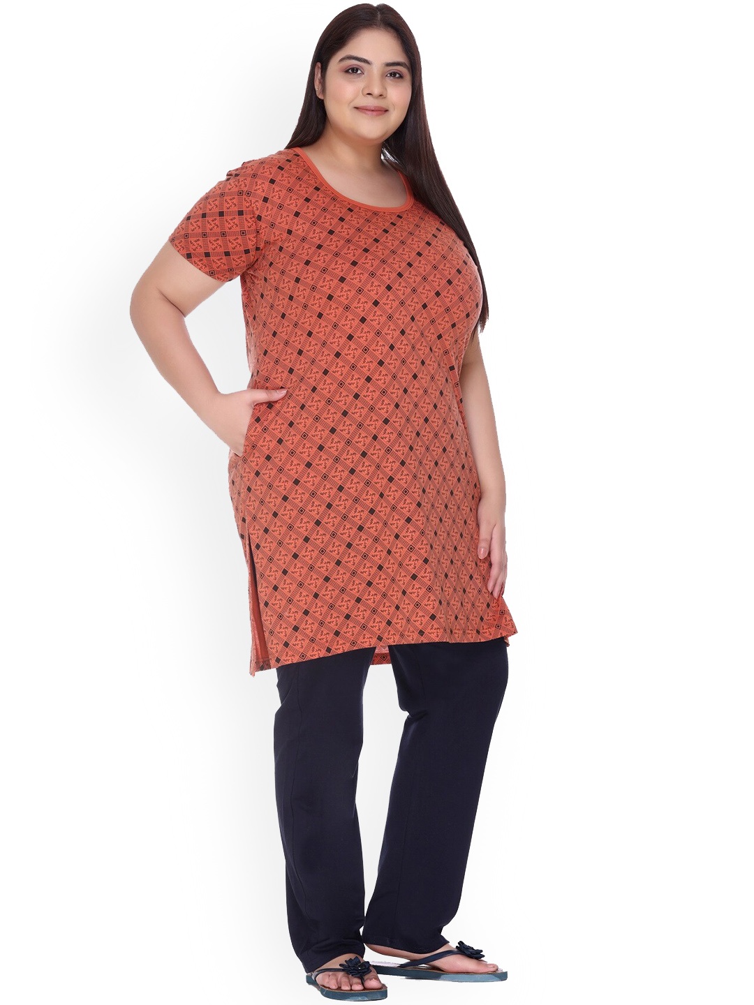 

IN Love Printed Cotton Longline Lounge T-Shirts, Brown