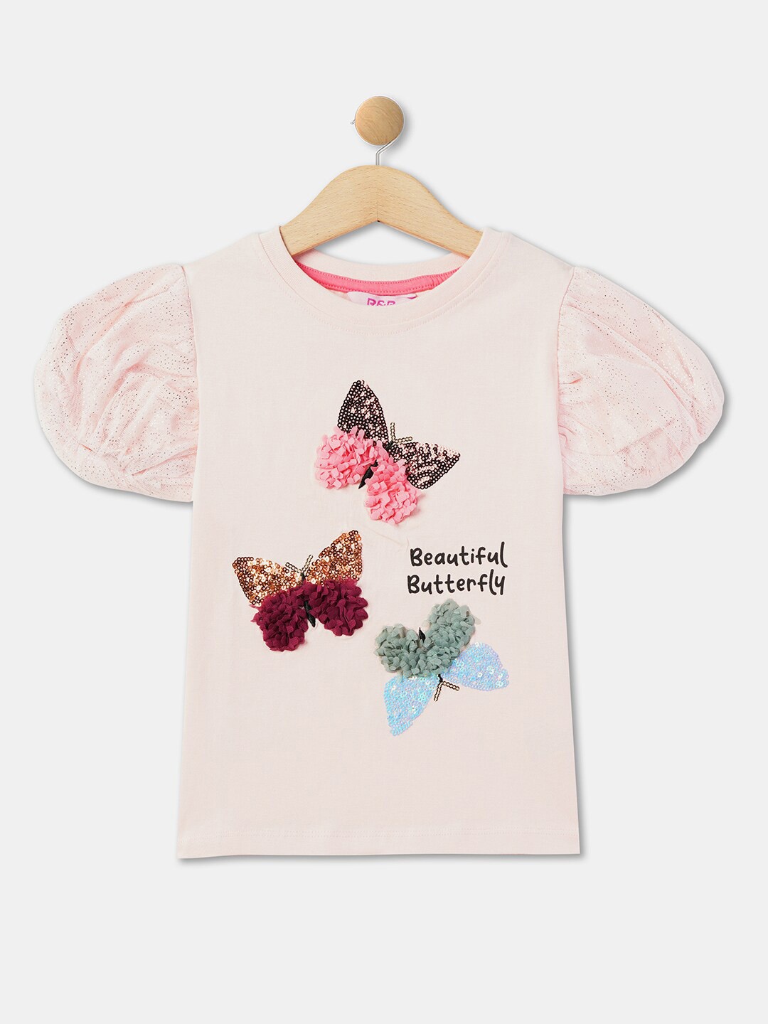 

R&B Girls Conversational Printed Puff Sleeve Cotton Top, Pink