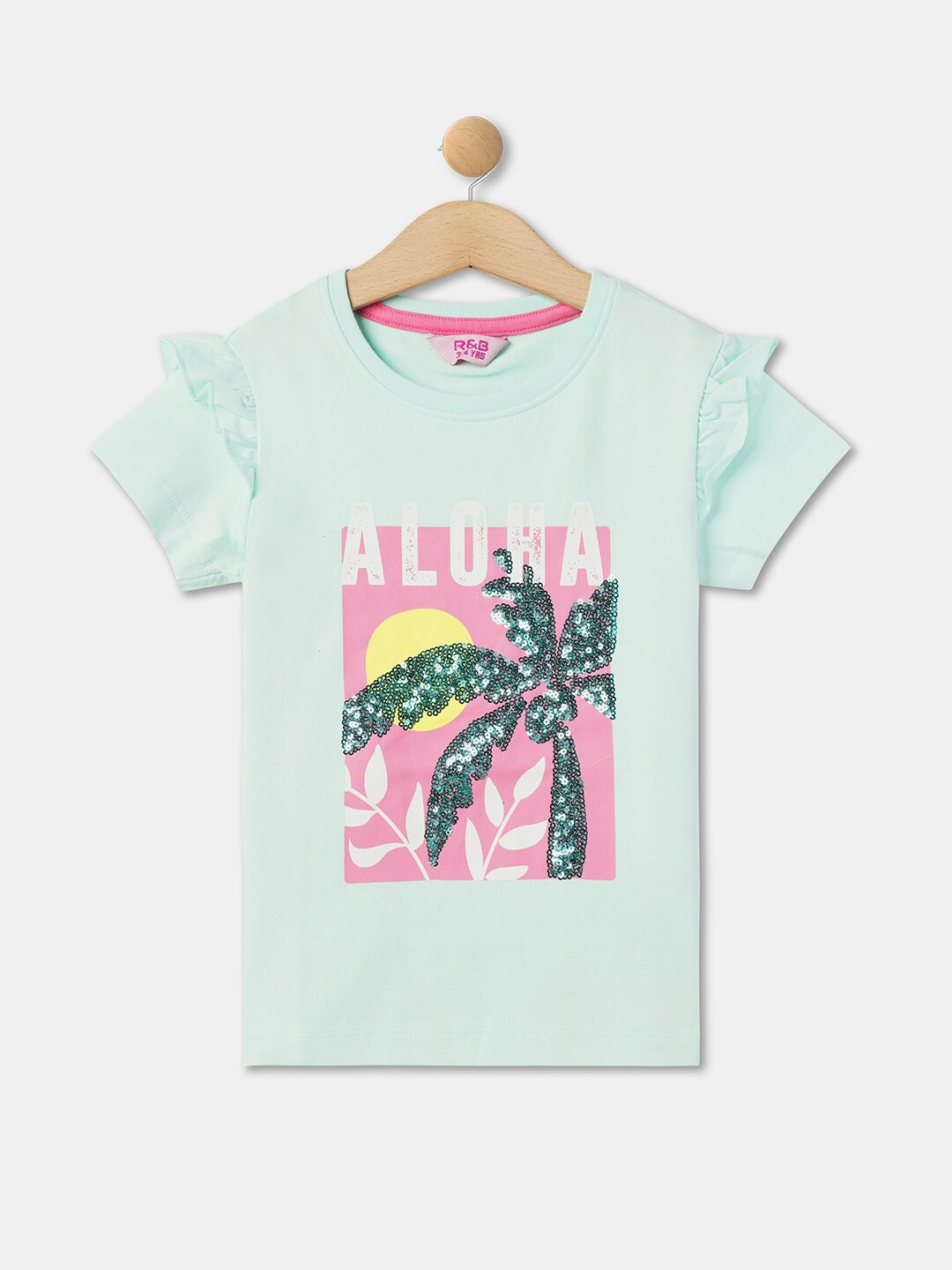 

R&B Girls Graphic Printed Ruffled Regular Cotton Top, Green