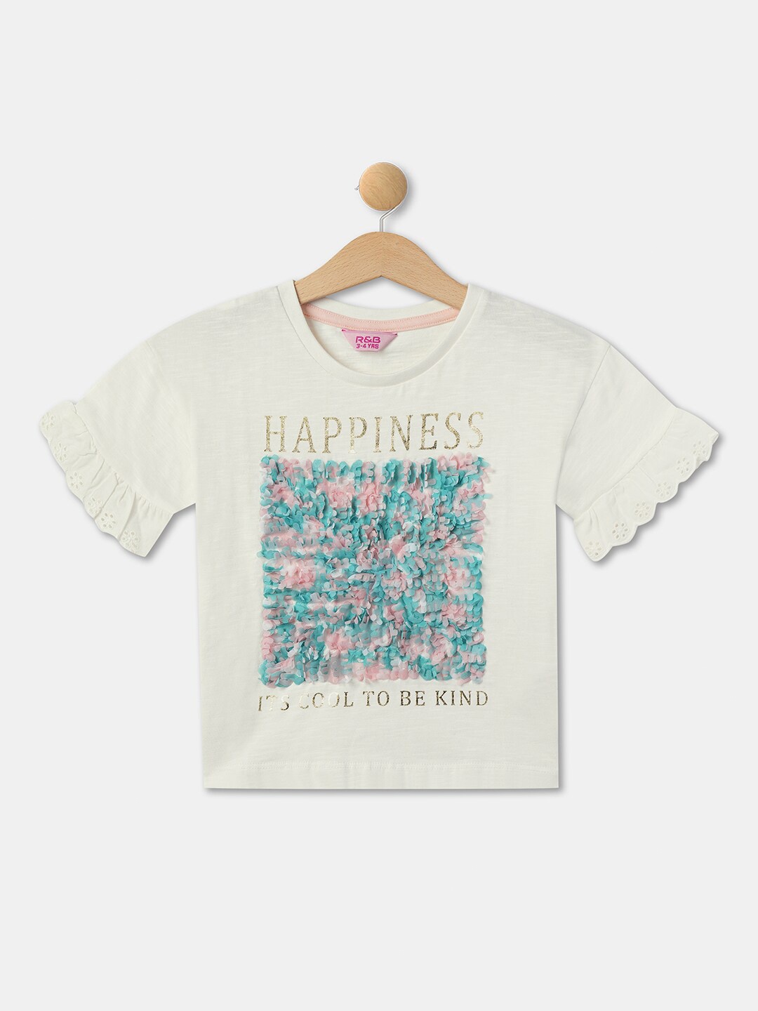 

R&B Girls Typography Printed Cotton Top, White
