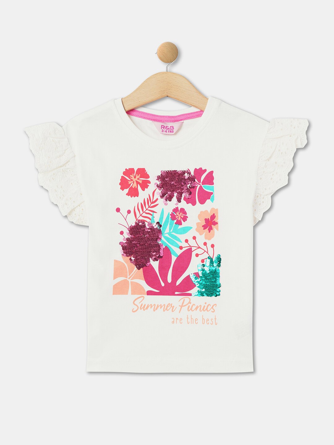 

R&B Girls Floral Printed Flared Sleeves Sequined Cotton Regular Top, White