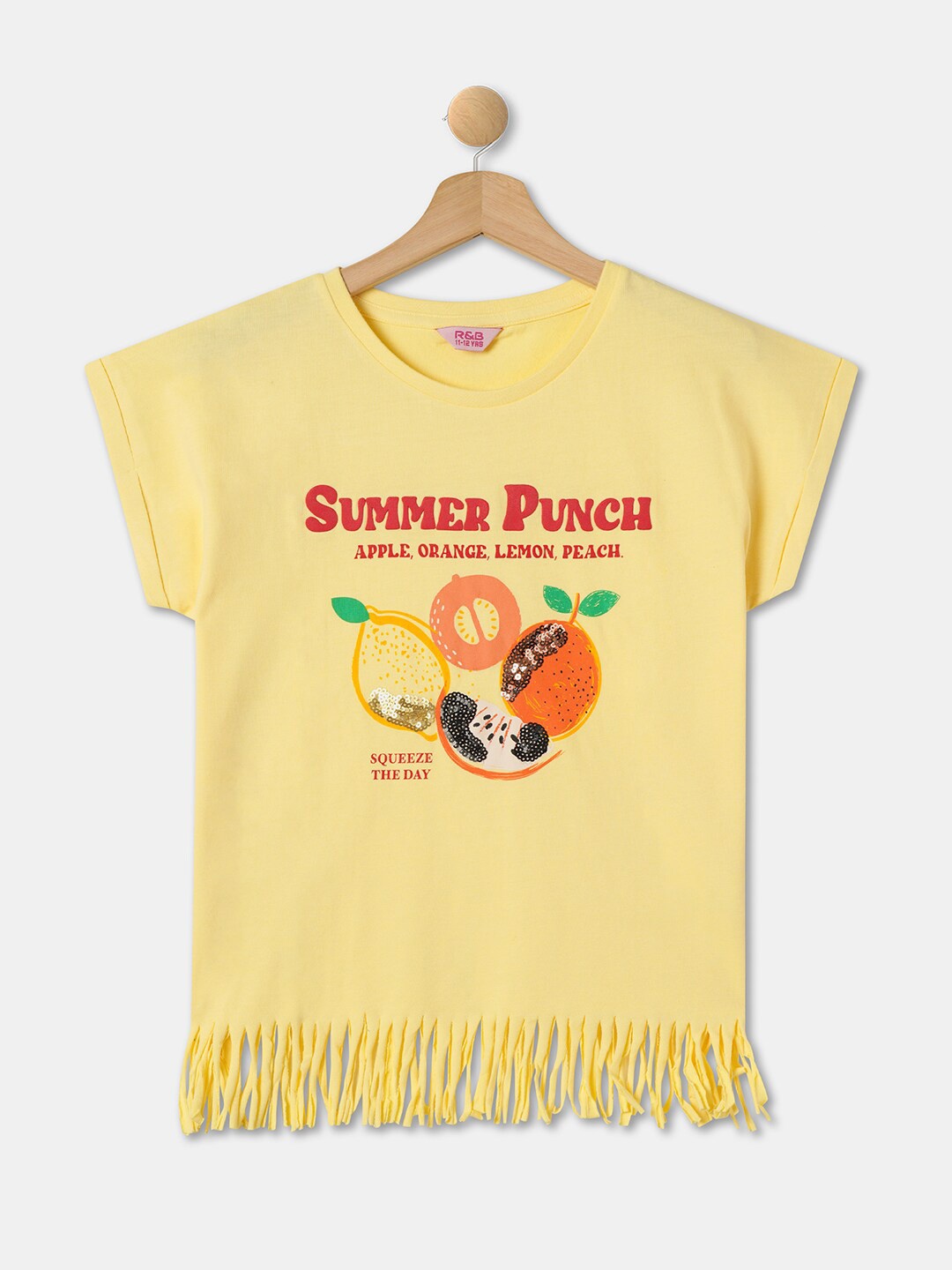 

R&B Girls Typography Printed Flutter Sleeves Cotton Top, Yellow