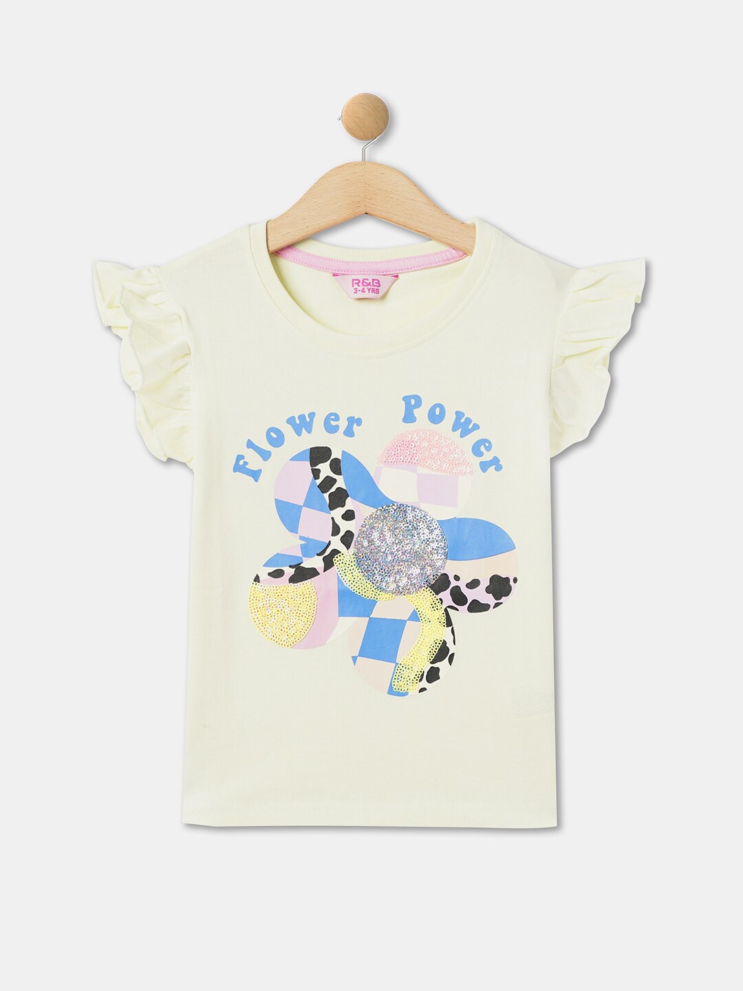 

R&B Girls Graphic Printed Flutter Sleeves Cotton Top, Cream