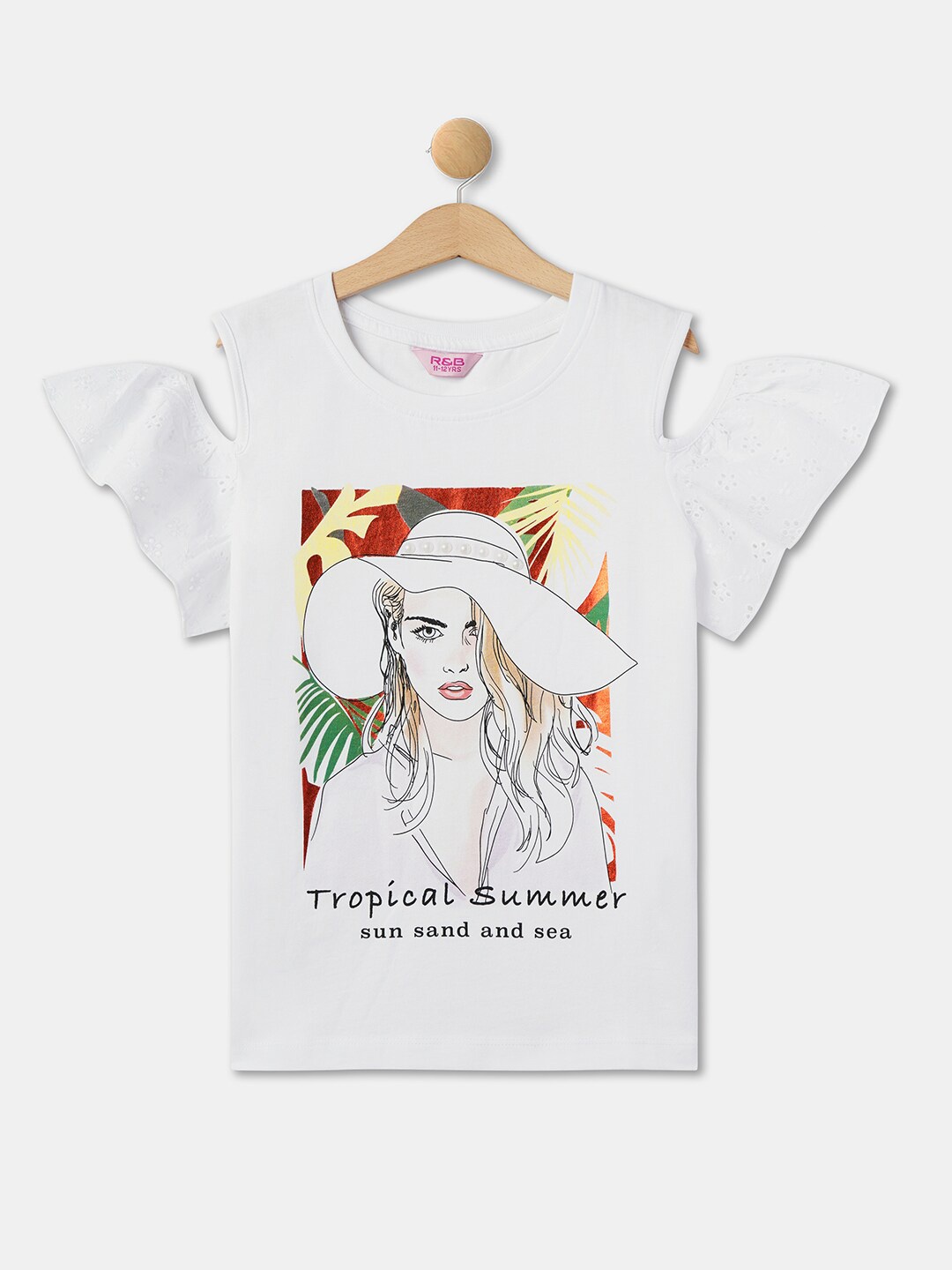

R&B Girls Graphic Printed Cold Shoulder Cotton Regular Top, White