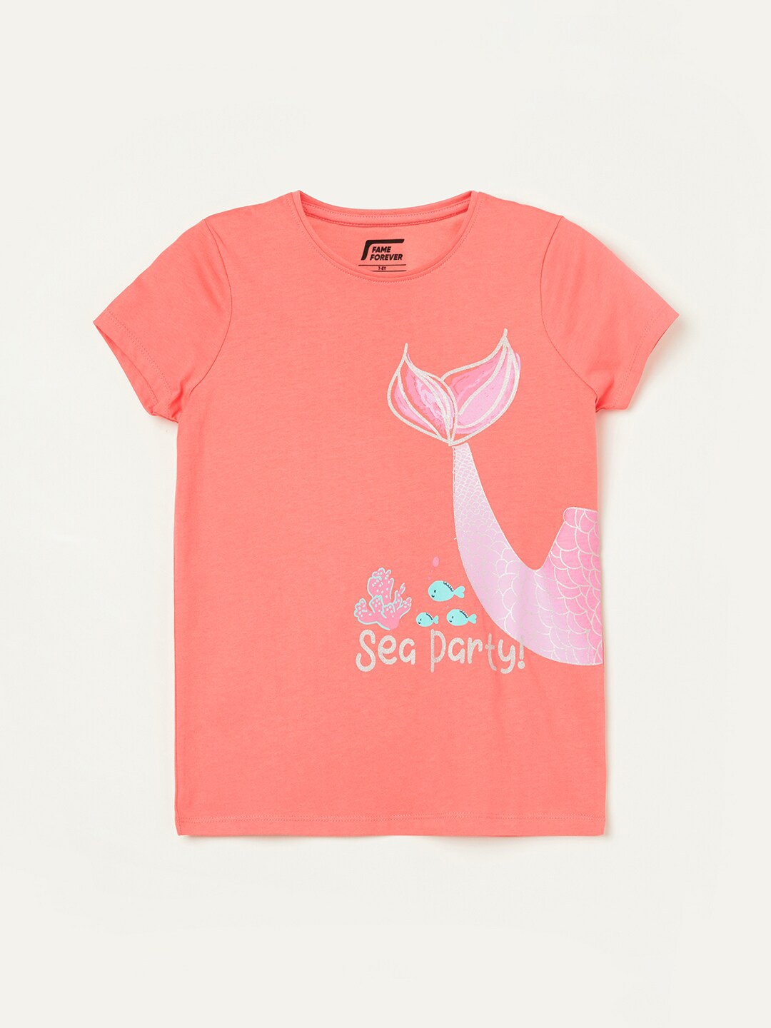Fame Forever by Lifestyle Girls Printed Cotton T-shirt, Coral