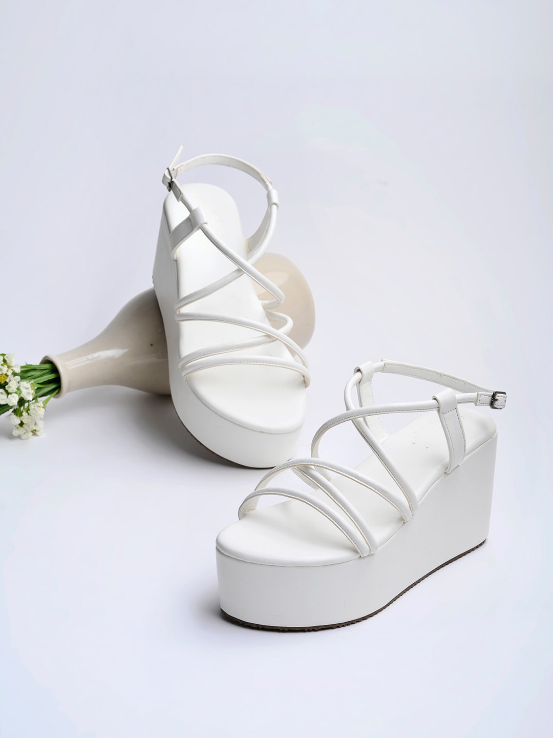 

Shoetopia Girls Flatform Heels with Buckles, White