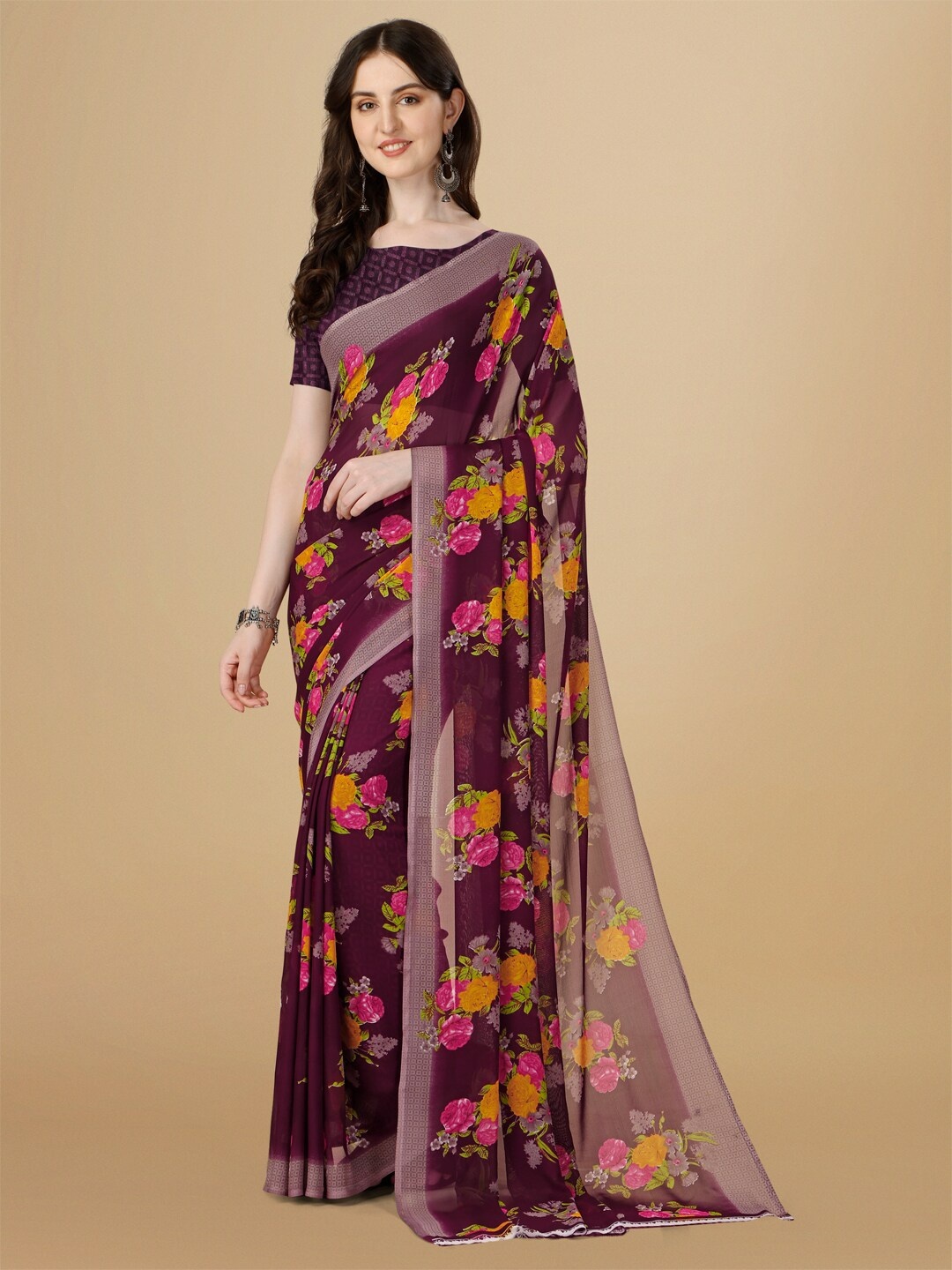 

Sangria Floral Printed Pure Georgette Saree, Purple