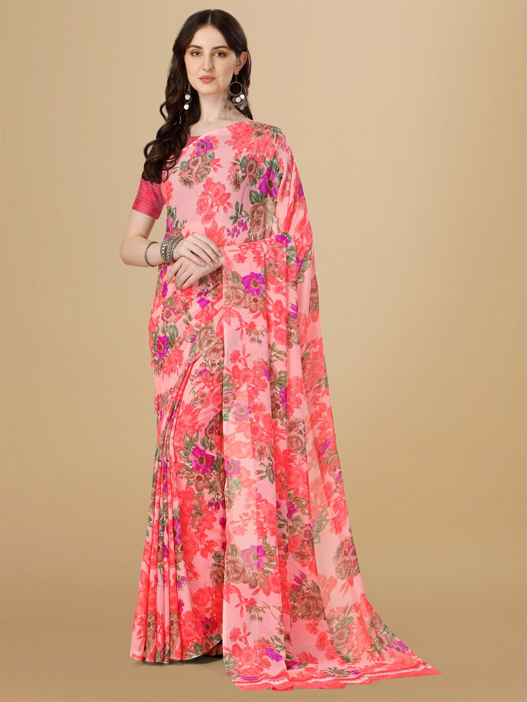 

Sangria Floral Printed Pure Georgette Saree, Pink