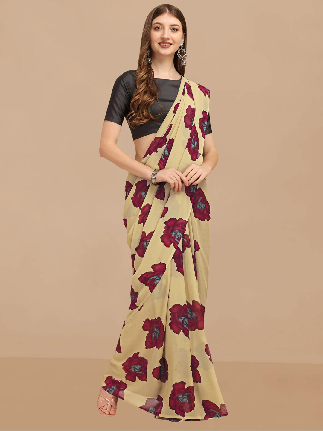 

Sangria Floral Printed Pure Georgette Saree, Beige