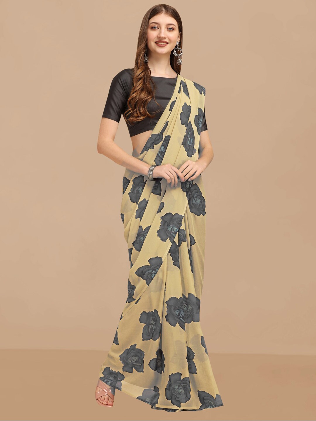 

Sangria Floral Printed Pure Georgette Saree, Beige