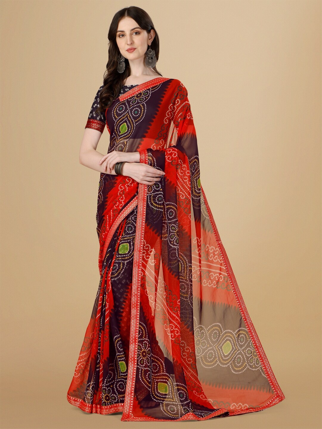 

Sangria Ethnic Motifs Printed Pure Chiffon Saree, Red