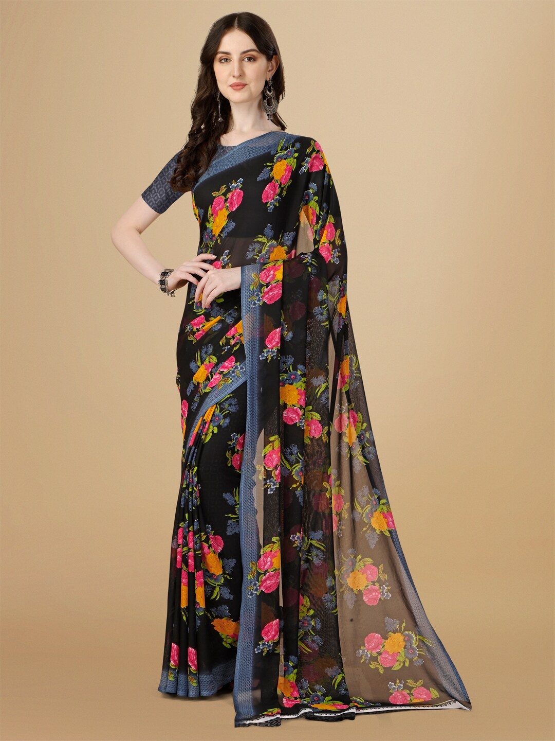 

Sangria Floral Printed Pure Georgette Saree, Black