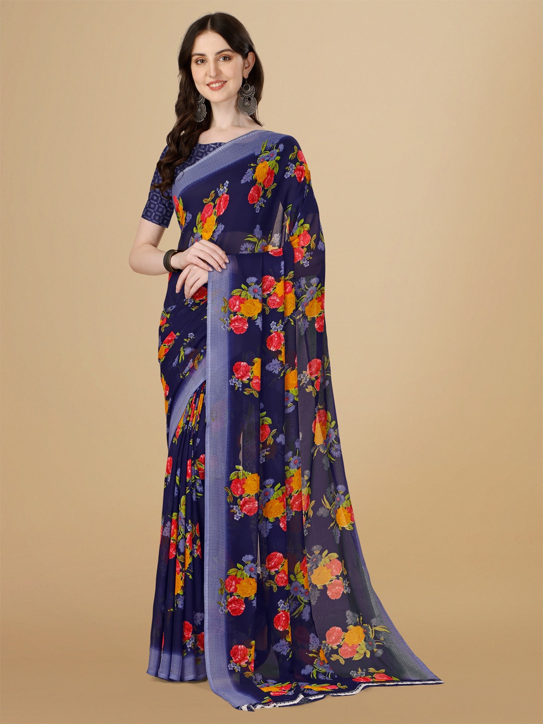 

Sangria Floral Printed Pure Georgette Saree, Navy blue