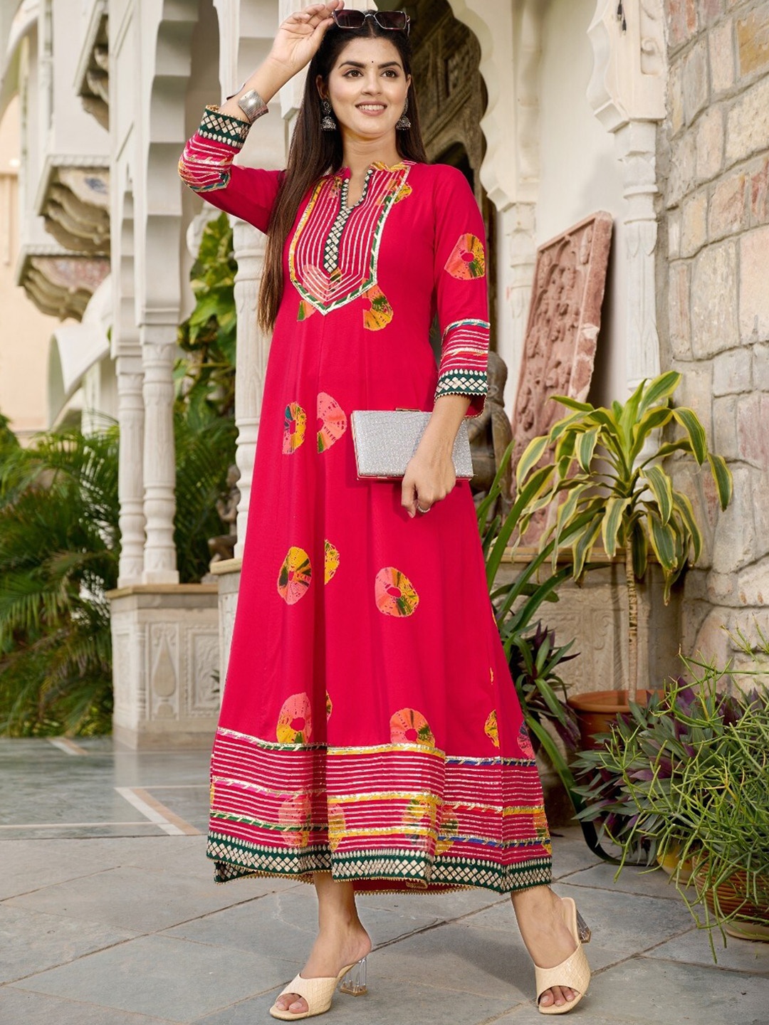

Sangria Abstract Printed Mandarin Collar Fit & Flare Ethnic Dress, Coral