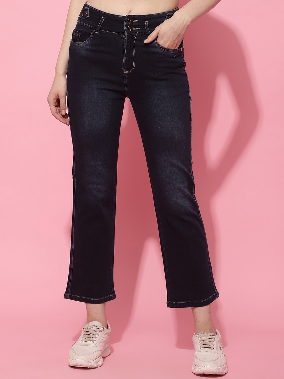 

NULL NAUT Women Jean Flared High-Rise Clean Look Light Fade Stretchable Jeans, Navy blue