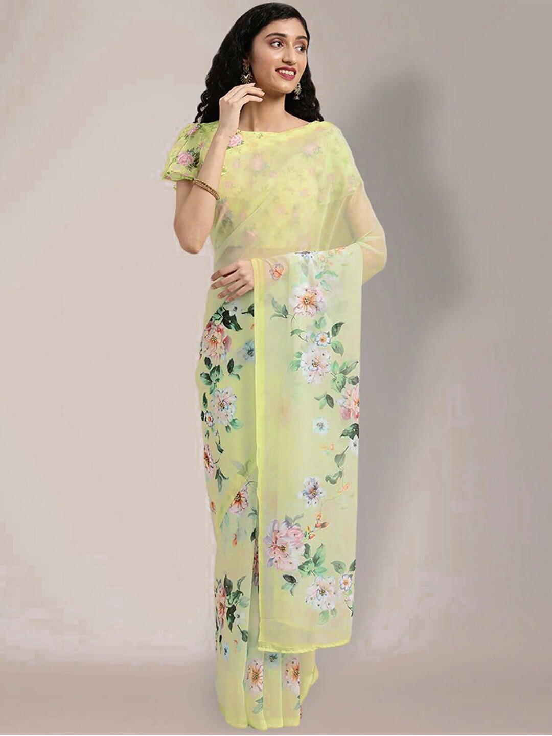 

Mitera Green & Pink Floral Printed Poly Georgette Saree