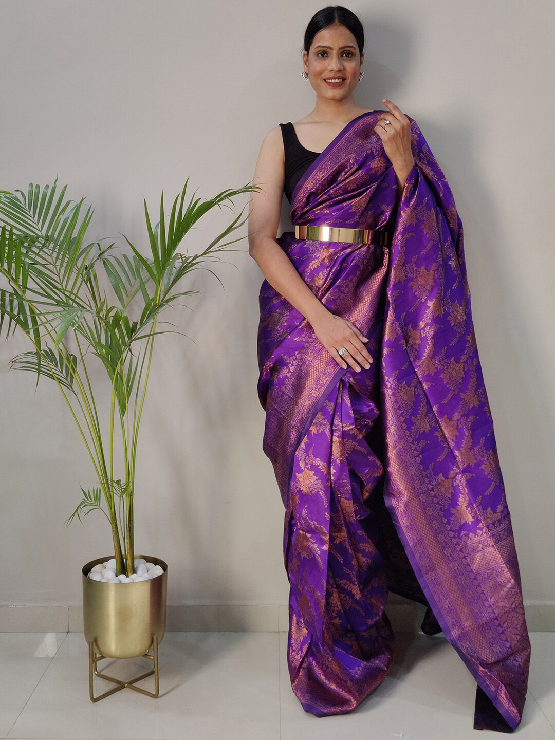 

Mitera Floral Woven Design Zari Ready to Wear Saree, Violet