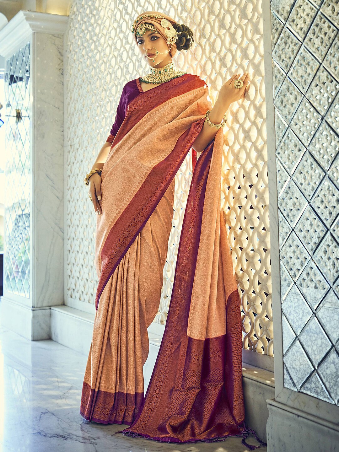 

Mitera Beige & Purple Ethnic Motifs Woven Design Zari Kanjeevaram Saree