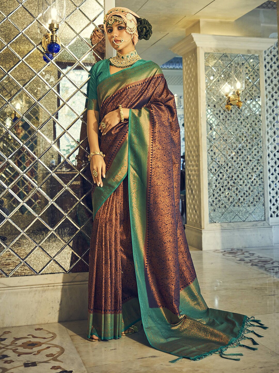 

Mitera Navy Blue & Green Ethnic Motifs Woven Design Kanjeevaram Saree