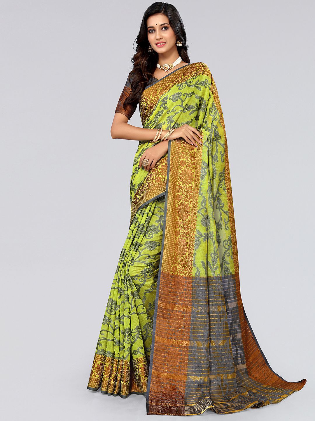 

Mitera Green & Grey Floral Woven Design Zari Saree