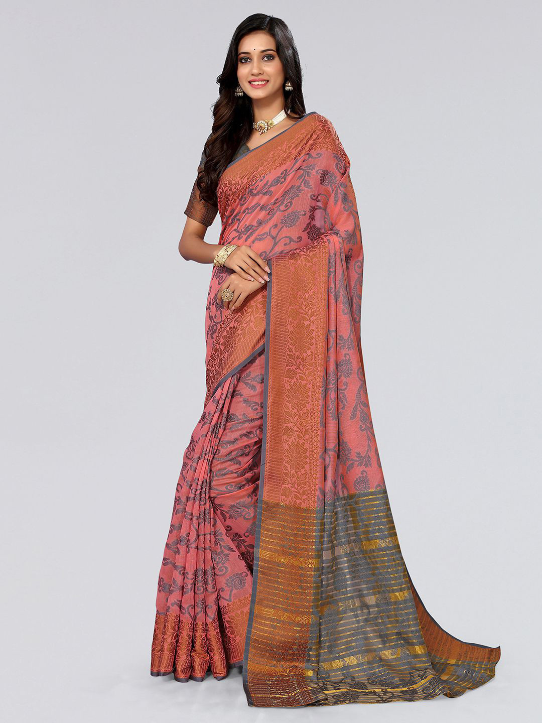

Mitera Pink & Copper-Toned Floral Printed Zari Saree