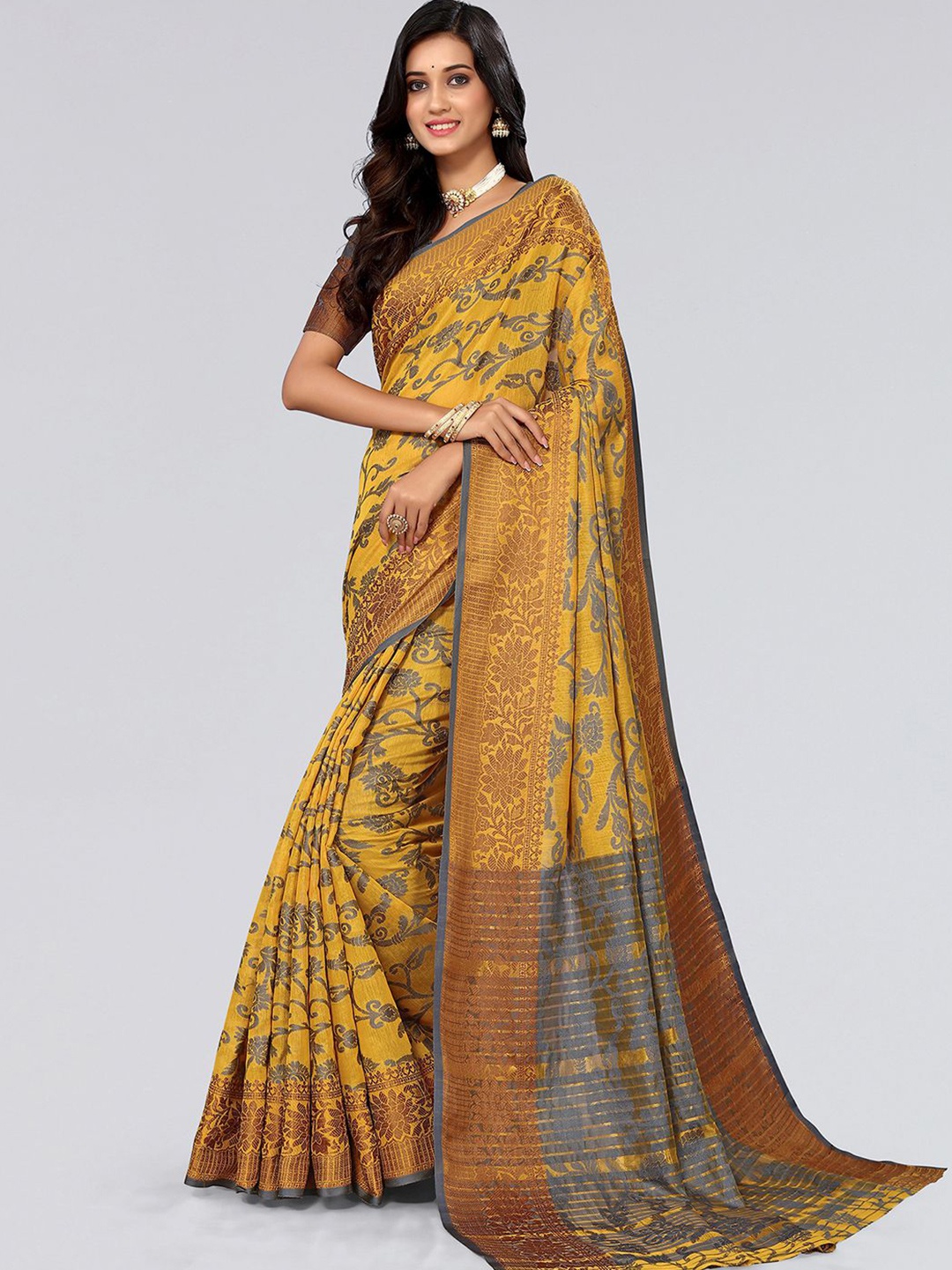 

Mitera Mustard Yellow & Grey Floral Woven Design Zari Saree