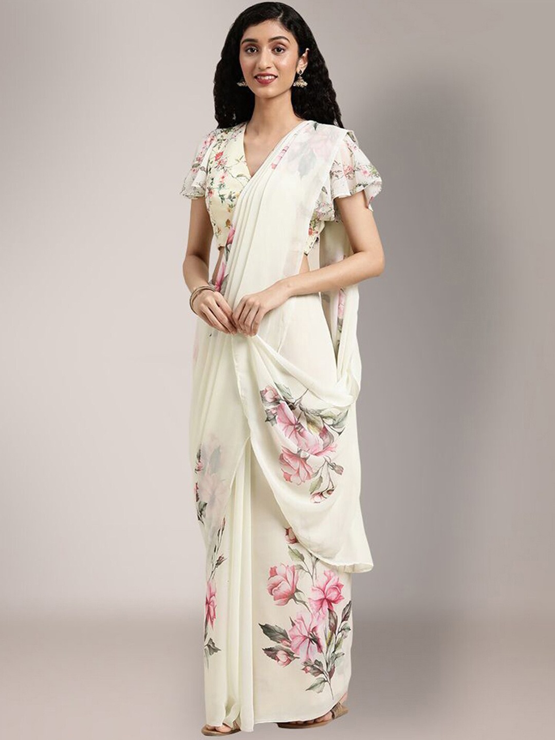 

Mitera Off White & Green Floral Printed Poly Georgette Saree