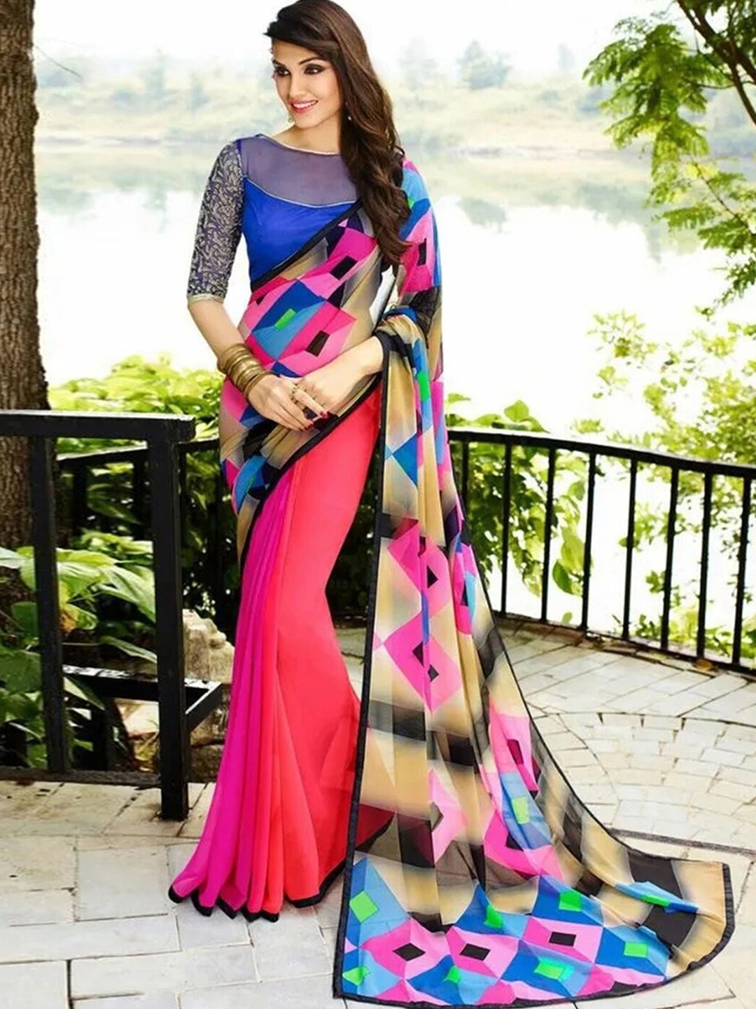 

Mitera Pink & Blue Geometric Printed Poly Georgette Saree