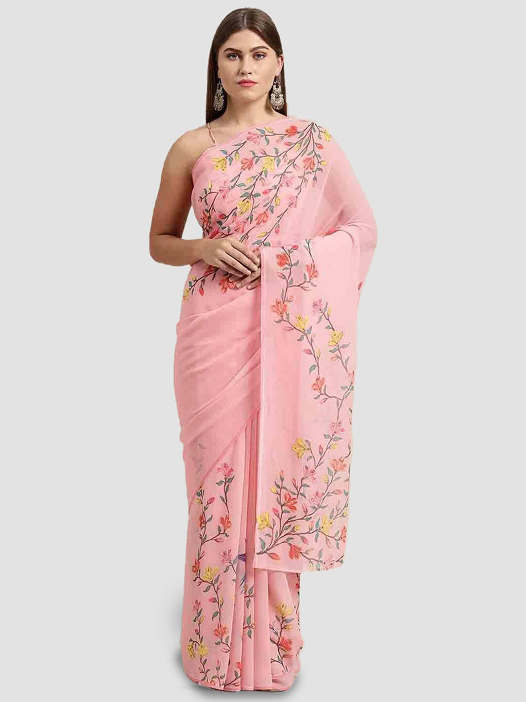 

Mitera Peach-Coloured & Green Floral Printed Saree