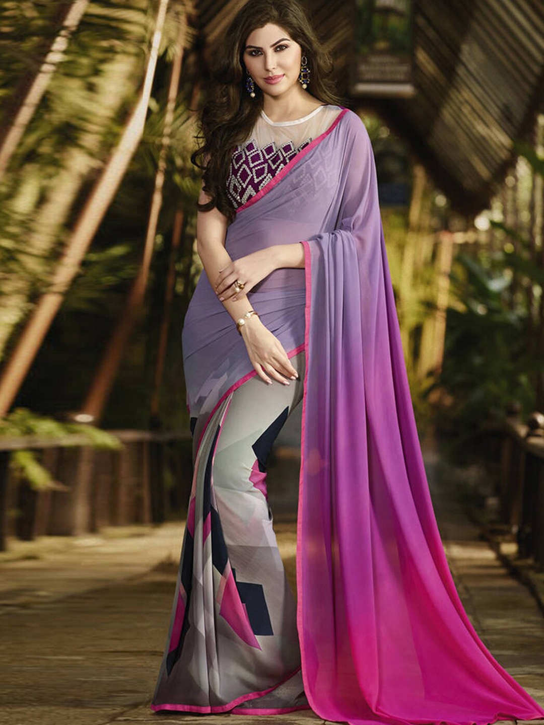 

Mitera Pink & Purple Geometric Printed Poly Georgette Saree