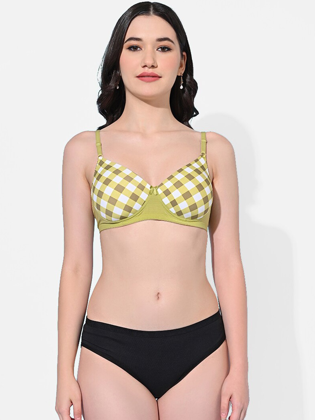 

FIMS Checked Padded Seamless Full Coverage Lingerie Set SLK-Aa_Set_Green