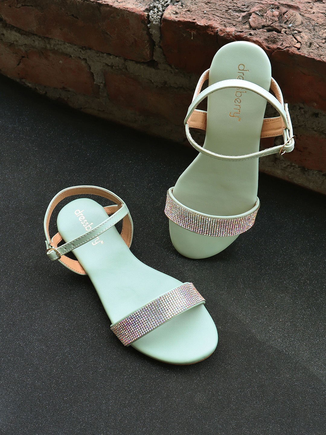 

DressBerry Green Embellished Open Toe Flats With Backstrap