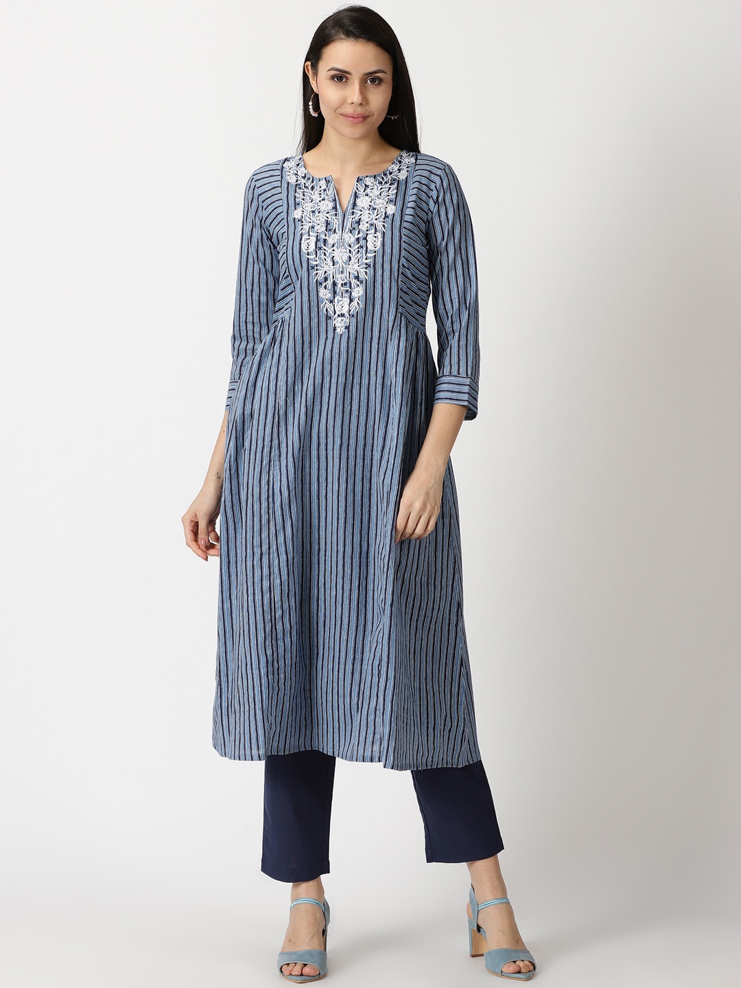 

Saffron Threads Striped A-line Pure Cotton Kurta With Yoke Embroidery, Blue
