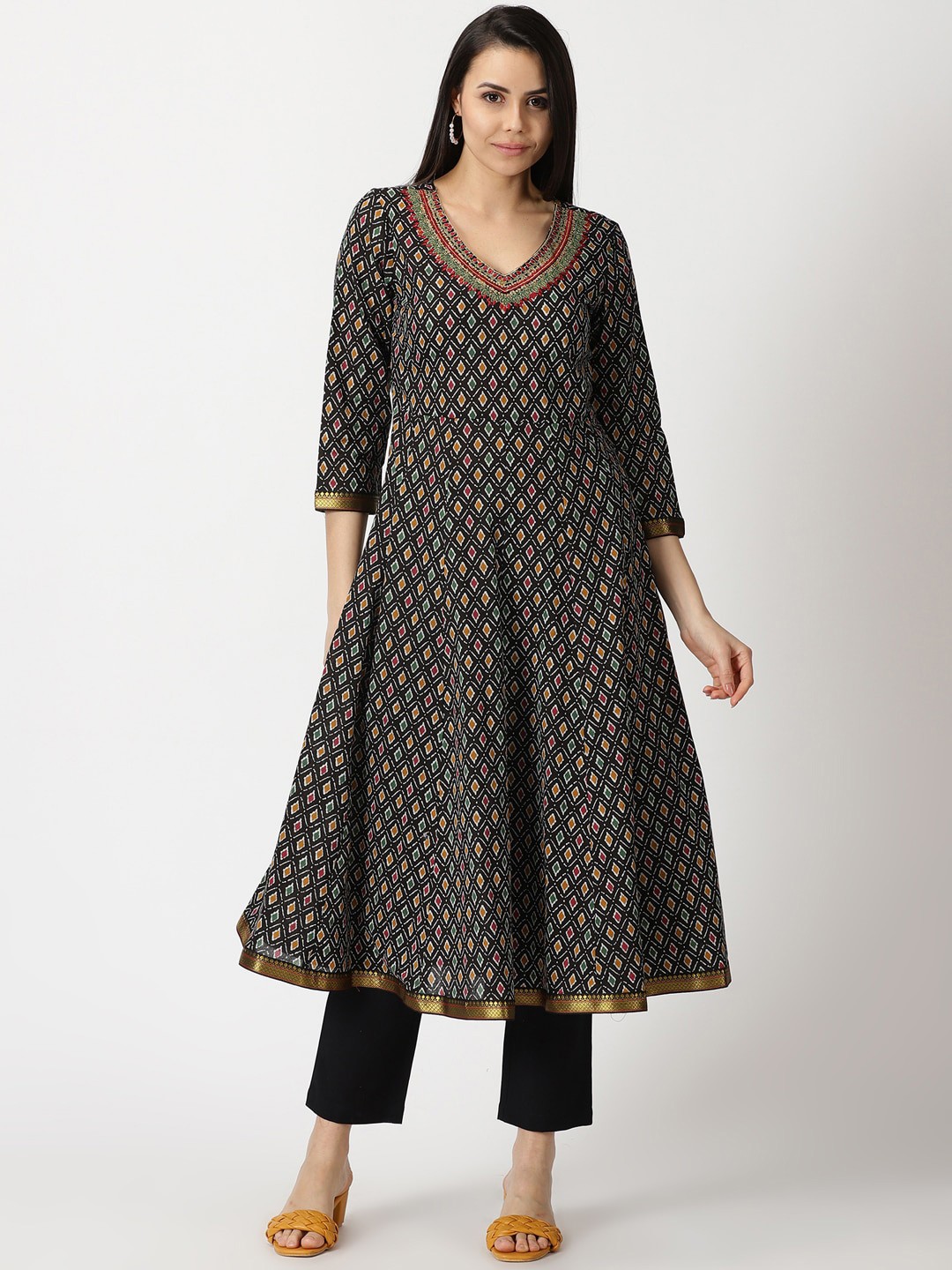 

Saffron Threads Ikat Printed Pure Coton Anarkali Kurta, Black
