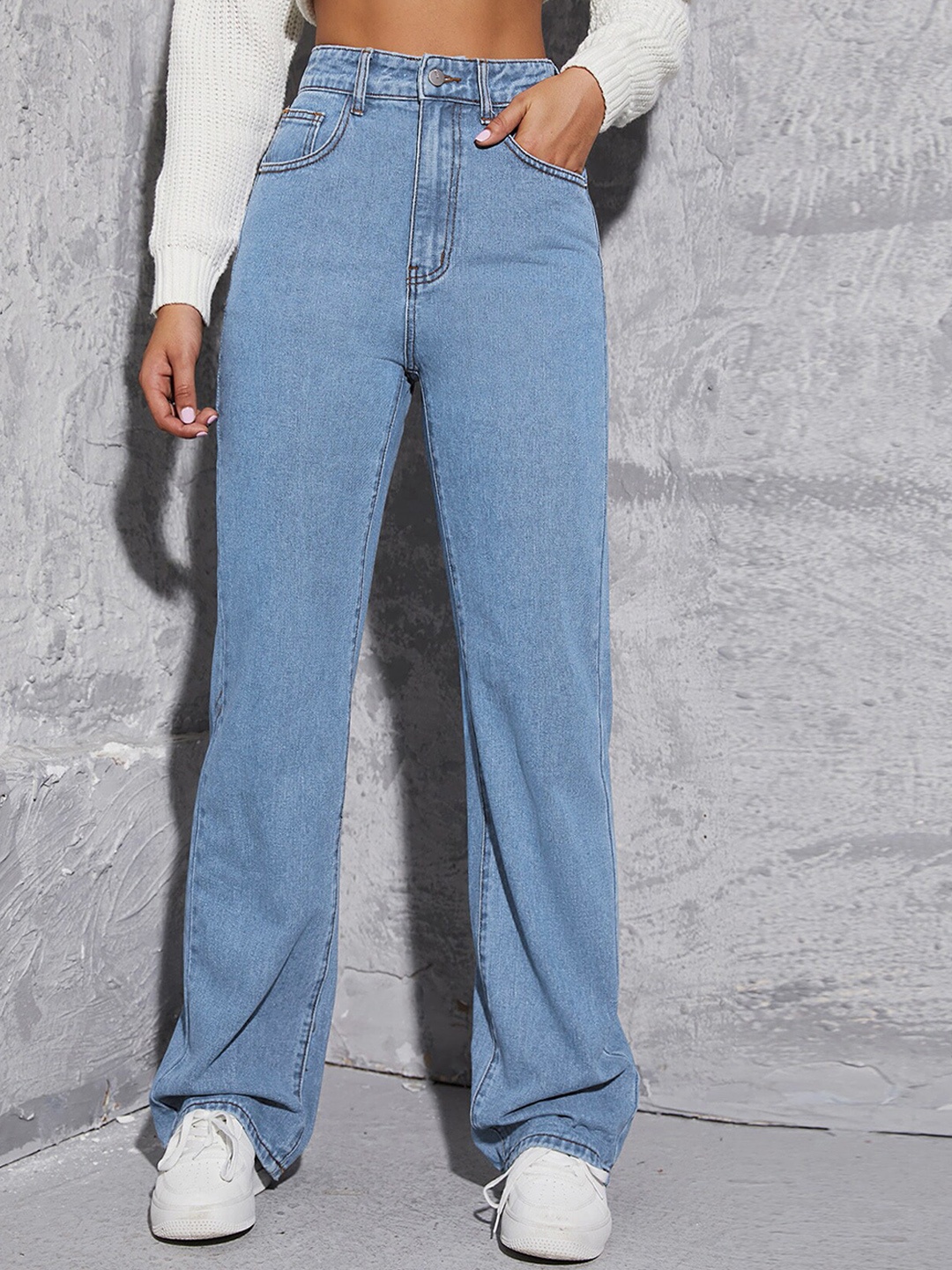

AAHWAN Women Wide Leg High-Rise Clean Look Cotton Jeans, Blue