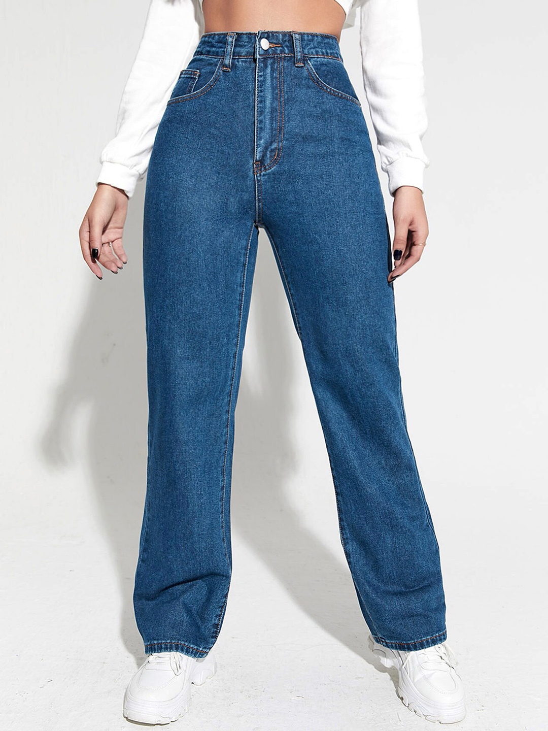 

AAHWAN Women Wide Leg High-Rise Clean Look Cotton Jeans, Blue