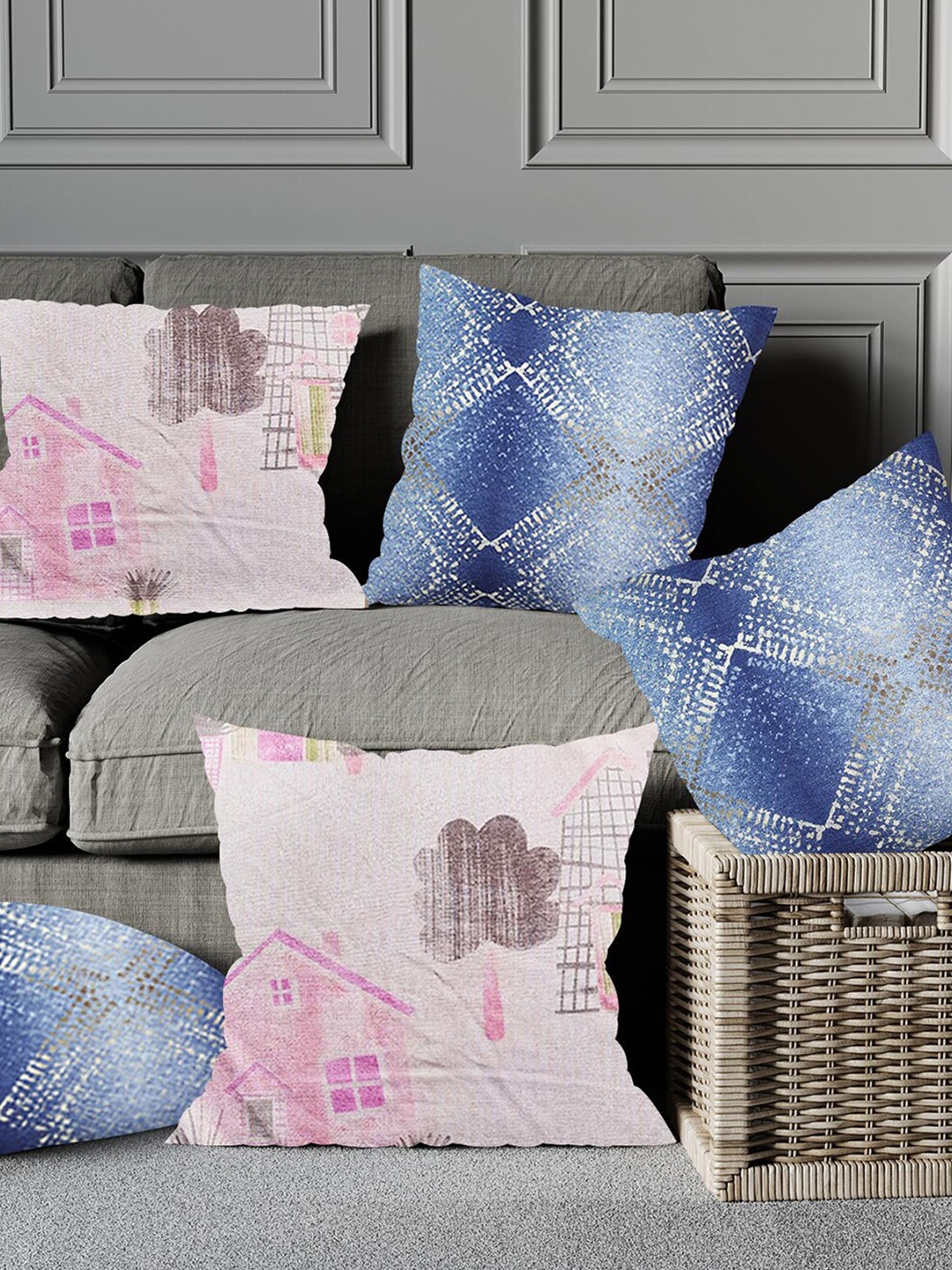 

Just Home White & Blue 5 Pieces Abstract Cotton Square Cushion Covers