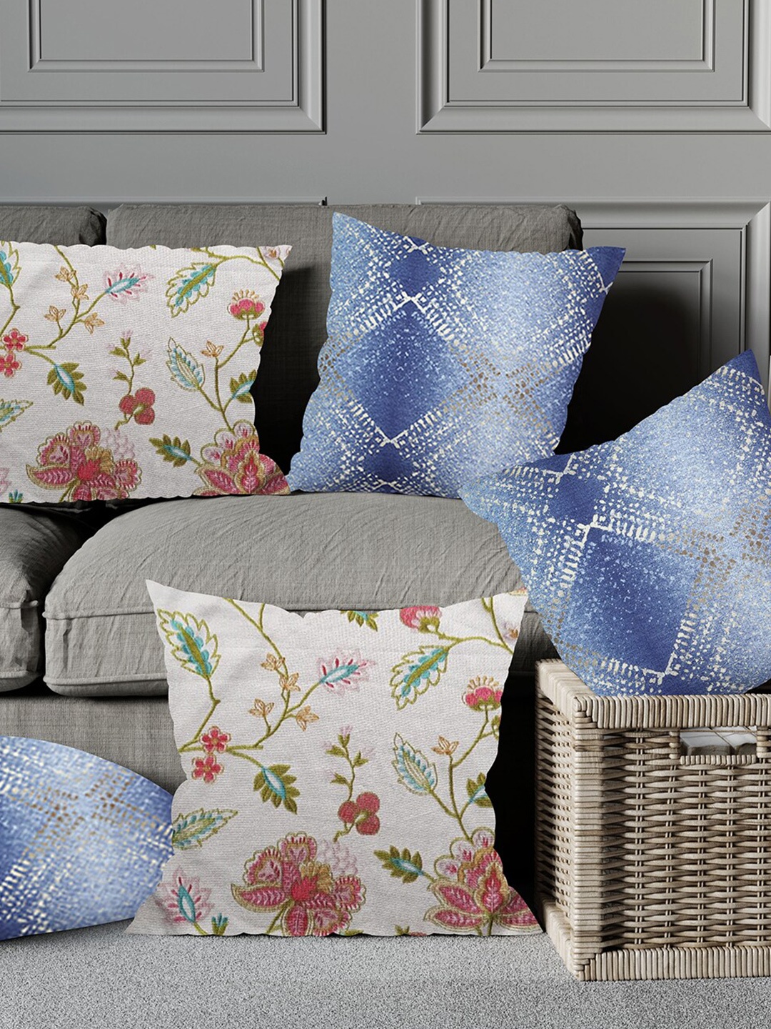 

Just Home Red & Blue 5 Pieces Floral Cotton Square Cushion Covers