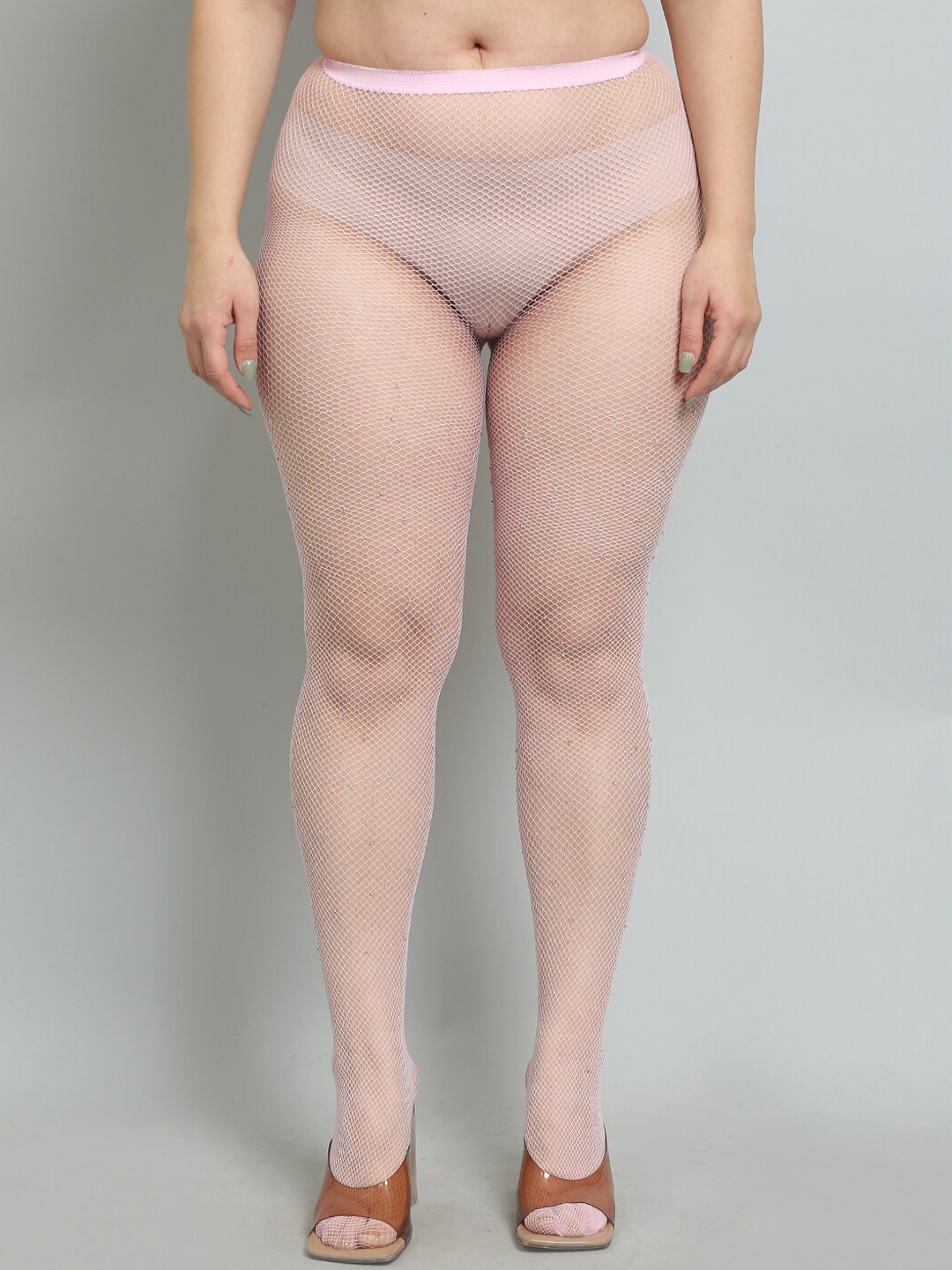 

COLOR STYLE Diamond Rinestone Mid-Rise Semi Sheer Stockings, Pink