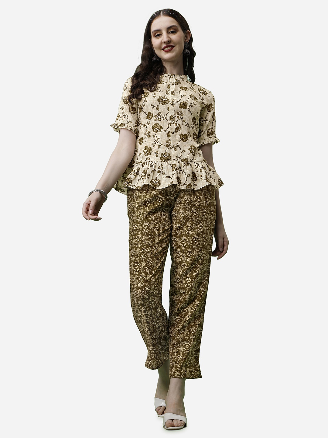 

RAISIN Printed Mandarin Collar Pure Cotton Top With Trousers, Beige