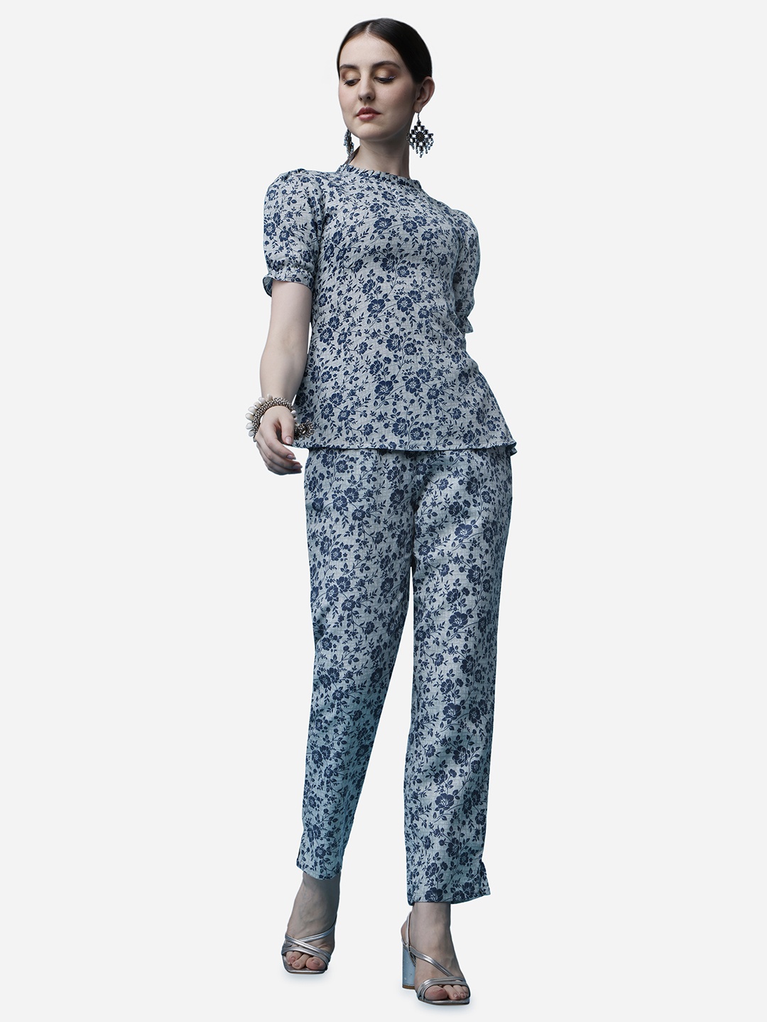 

RAISIN Floral Printed Pure Cotton Top With Trousers, Blue