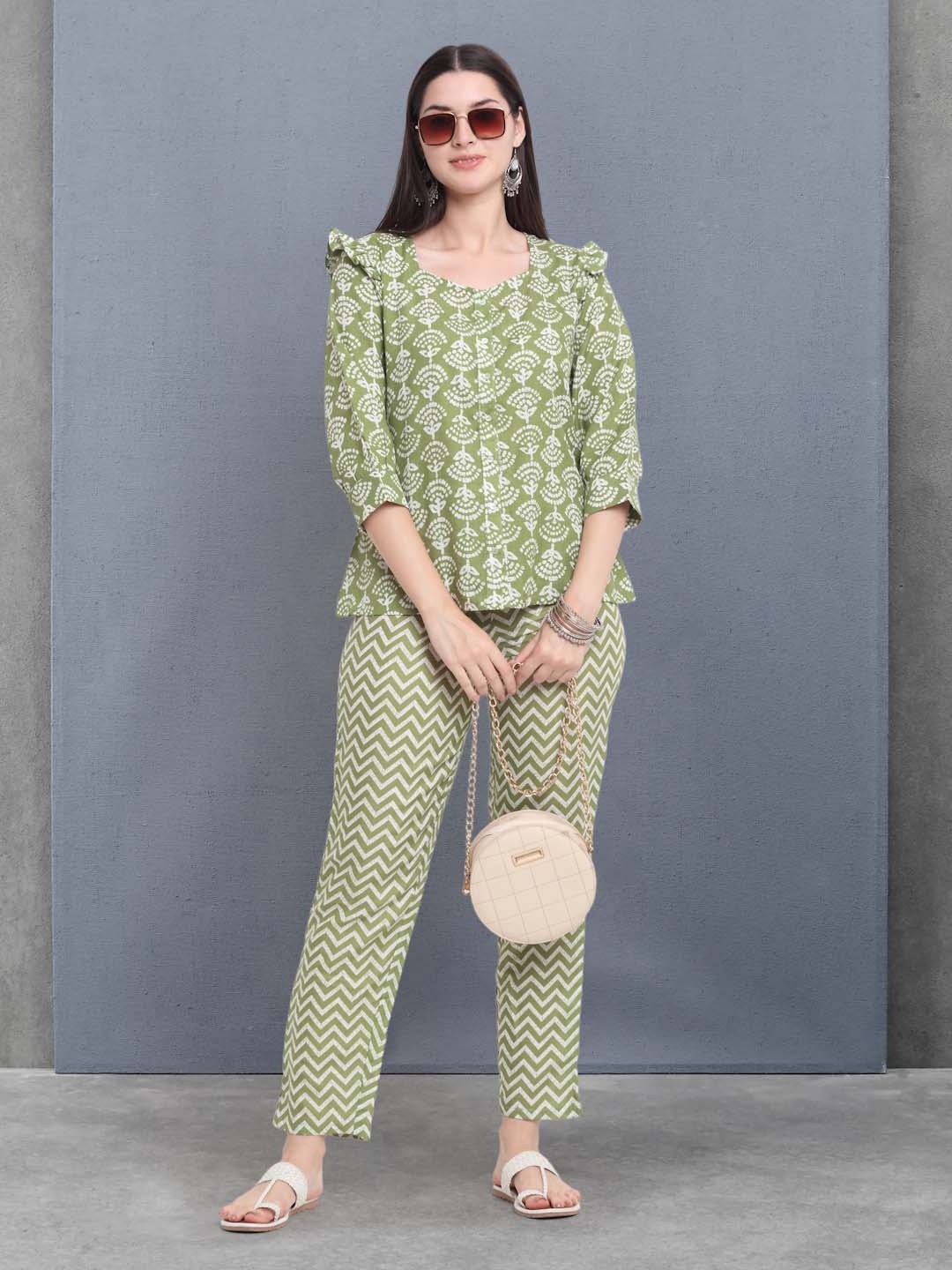 

RAISIN Printed Pure Cotton Top With Trousers, Green
