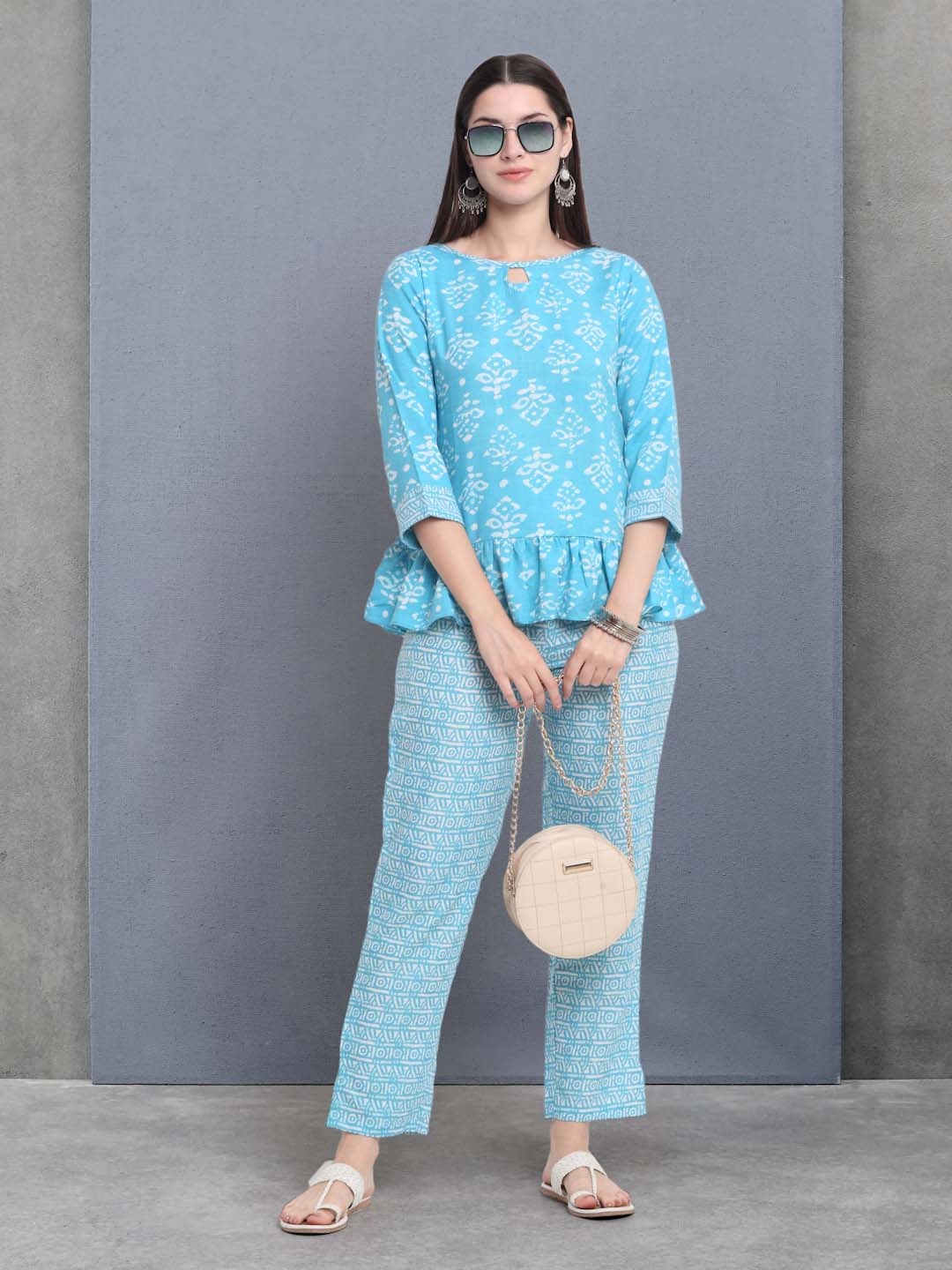 

RAISIN Printed Keyhole Neck Pure Cotton Top With Trousers, Blue