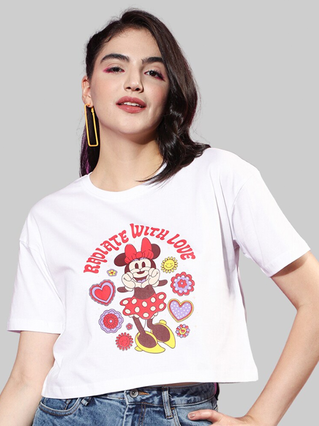 

JUNEBERRY Minnie Mouse Printed Cotton Crop T-shirt, White