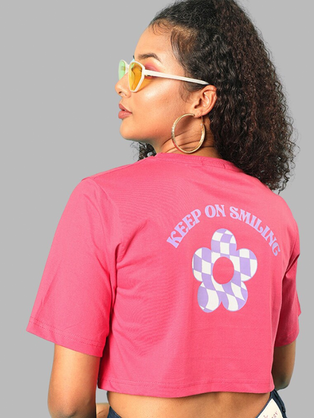 

JUNEBERRY Typography Printed Cotton Crop T-shirt, Pink